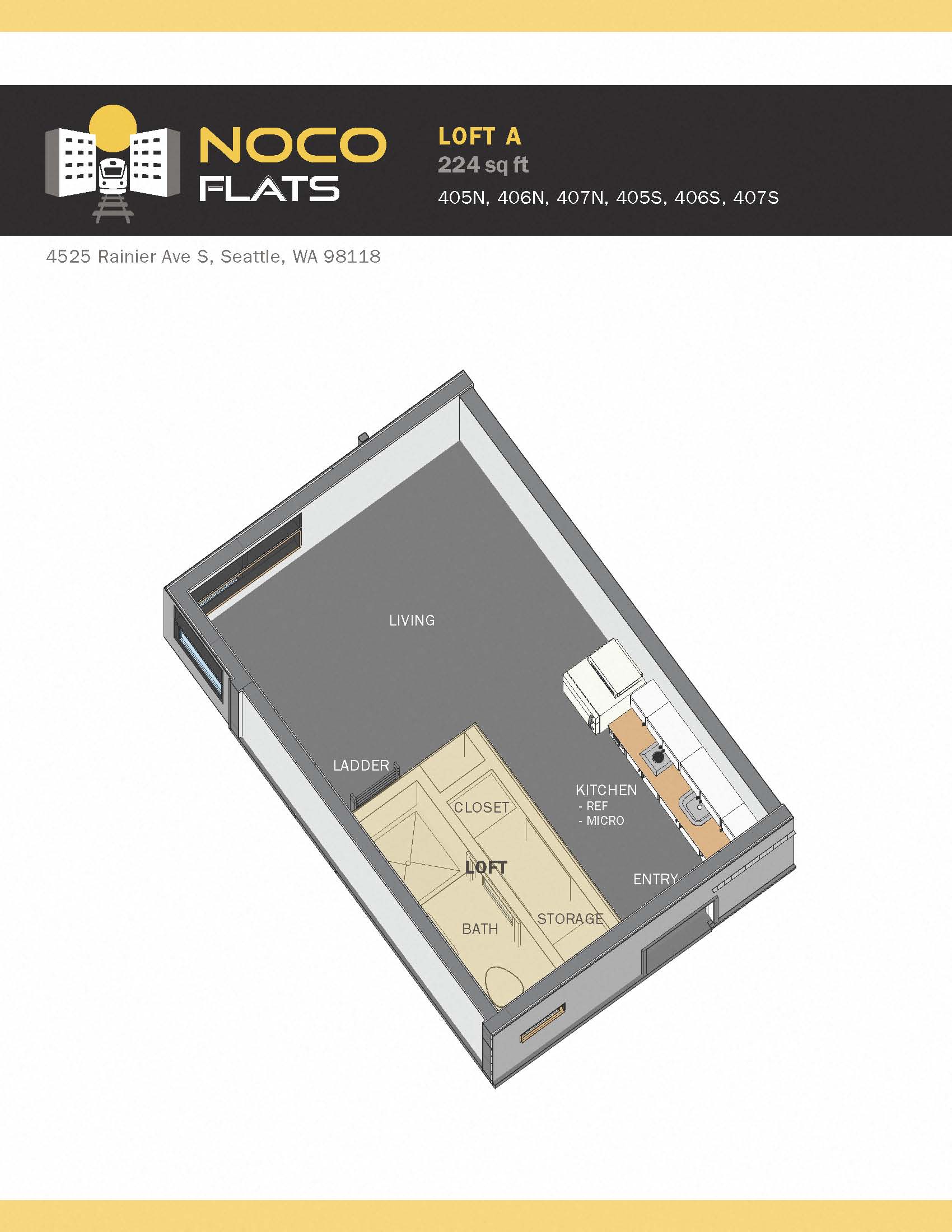 Floor plan for studio, 1 bath, 224 sqft